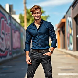 A stylish male model standing confidently in an urban street setting, wearing a dark blue shirt, tailored black jeans, and white sneakers