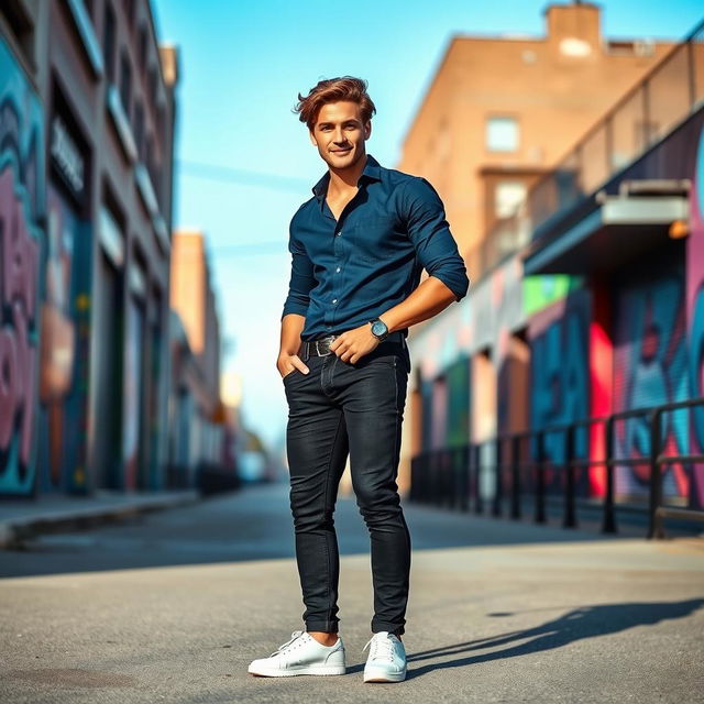 A stylish male model standing confidently in an urban street setting, wearing a dark blue shirt, tailored black jeans, and white sneakers