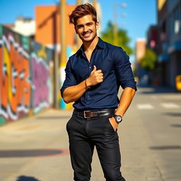 A stylish male model standing confidently in an urban street setting, wearing a dark blue shirt, tailored black jeans, and white sneakers