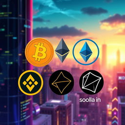 An artistic and vibrant digital illustration depicting the top five cryptocurrencies, with their logos prominently shown at the upper part of the image