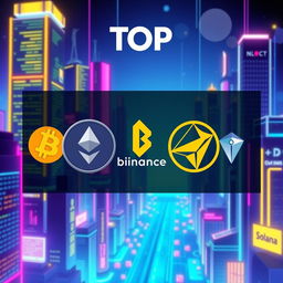 An artistic and vibrant digital illustration depicting the top five cryptocurrencies, with their logos prominently shown at the upper part of the image