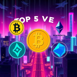 An artistic and vibrant digital illustration depicting the top five cryptocurrencies, with their logos prominently shown at the upper part of the image
