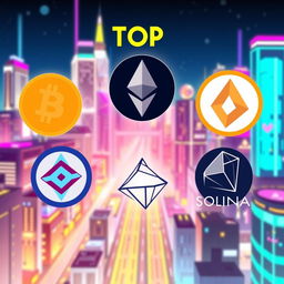 An artistic and vibrant digital illustration depicting the top five cryptocurrencies, with their logos prominently shown at the upper part of the image