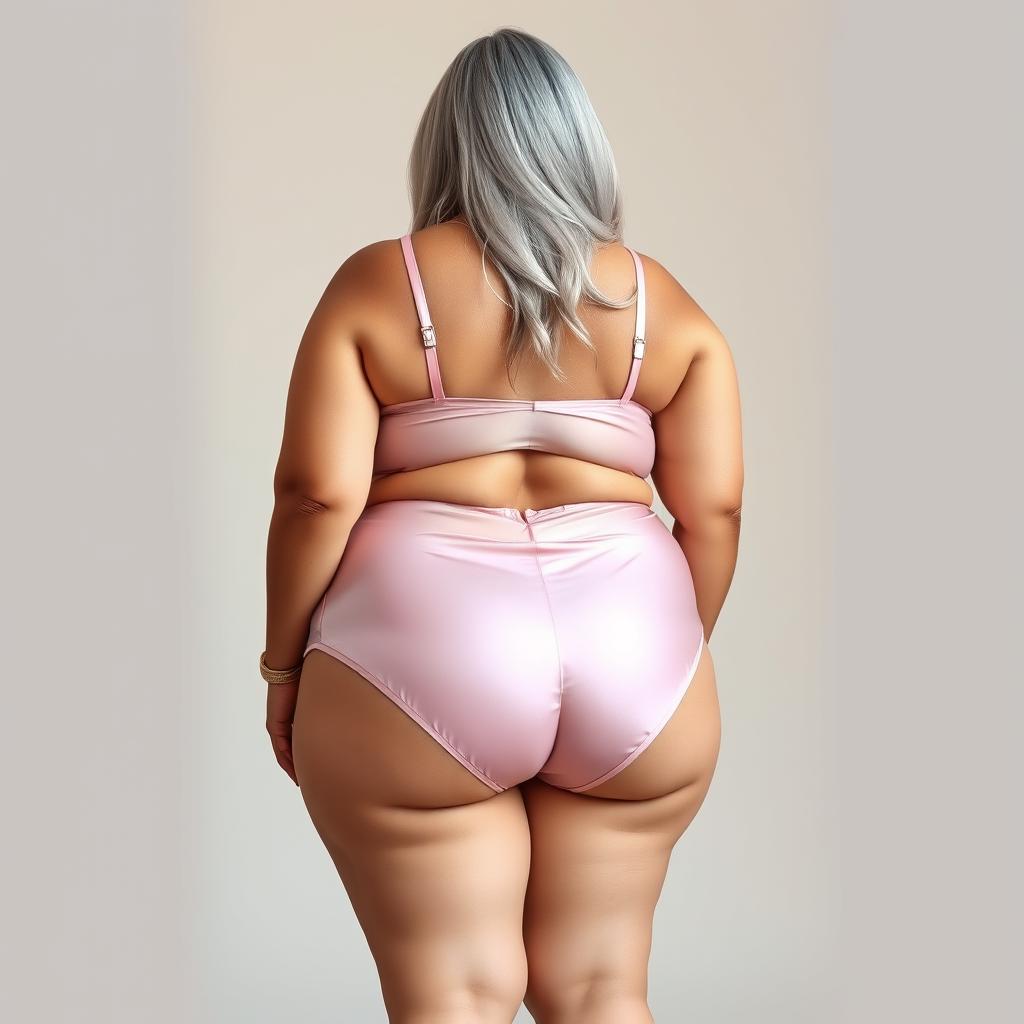 A full-body portrait of a 55-year-old Indian plus-size woman, confidently posed to showcase her backside