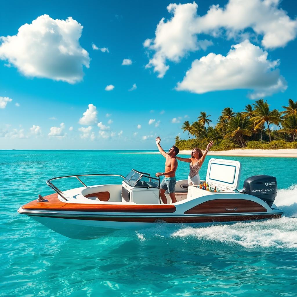 An elegantly custom-designed vintage speedboat cruising on crystal-clear turquoise waters, with the sun reflecting off the surface, palm trees lining the shore in the background, classic wooden accents on the boat's hull, a couple cheering with joy while enjoying the ocean breeze, showcasing a fully stocked cooler complete with refreshments