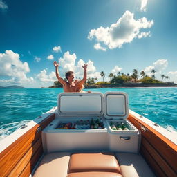 An elegantly custom-designed vintage speedboat cruising on crystal-clear turquoise waters, with the sun reflecting off the surface, palm trees lining the shore in the background, classic wooden accents on the boat's hull, a couple cheering with joy while enjoying the ocean breeze, showcasing a fully stocked cooler complete with refreshments