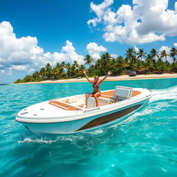 An elegantly custom-designed vintage speedboat cruising on crystal-clear turquoise waters, with the sun reflecting off the surface, palm trees lining the shore in the background, classic wooden accents on the boat's hull, a couple cheering with joy while enjoying the ocean breeze, showcasing a fully stocked cooler complete with refreshments