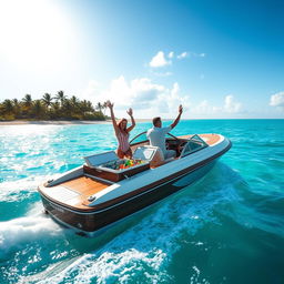 An elegantly custom-designed vintage speedboat cruising on crystal-clear turquoise waters, with the sun reflecting off the surface, palm trees lining the shore in the background, classic wooden accents on the boat's hull, a couple cheering with joy while enjoying the ocean breeze, showcasing a fully stocked cooler complete with refreshments