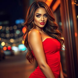 A captivating portrait of a sexy woman with long wavy hair, wearing a stunningly fitted red dress that hugs her curves