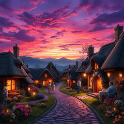 A beautiful, serene scene depicting a quaint village during twilight