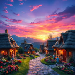 A beautiful, serene scene depicting a quaint village during twilight