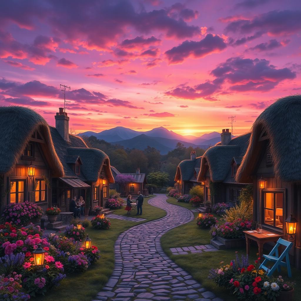A beautiful, serene scene depicting a quaint village during twilight