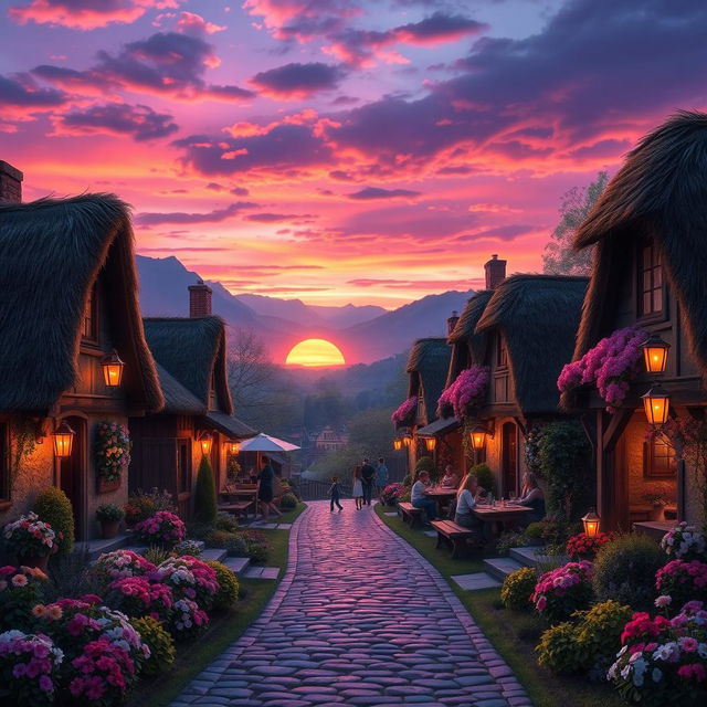 A beautiful, serene scene depicting a quaint village during twilight