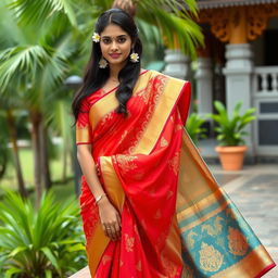 A beautiful representation of a Kerala style traditional dress, featuring a stunning blend of vibrant colors and intricate patterns