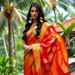 A beautiful representation of a Kerala style traditional dress, featuring a stunning blend of vibrant colors and intricate patterns