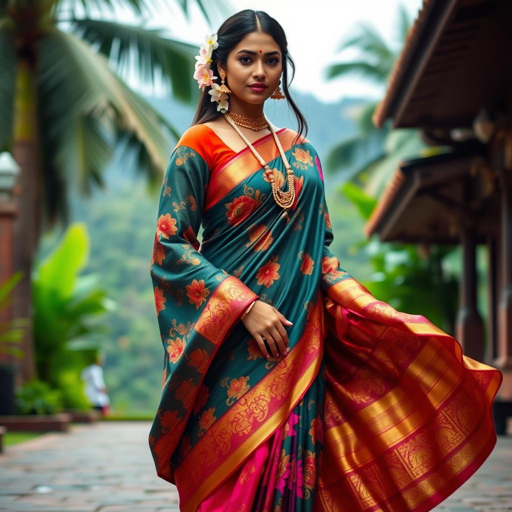 A beautiful representation of a Kerala style traditional dress, featuring a stunning blend of vibrant colors and intricate patterns