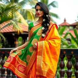 A beautiful representation of a Kerala style traditional dress, featuring a stunning blend of vibrant colors and intricate patterns