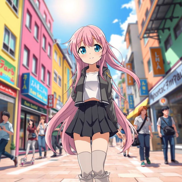 A beautiful anime girl standing in a vibrant city setting, with colorful buildings and bustling streets in the background