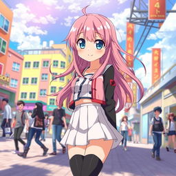 A beautiful anime girl standing in a vibrant city setting, with colorful buildings and bustling streets in the background