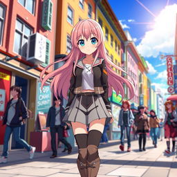 A beautiful anime girl standing in a vibrant city setting, with colorful buildings and bustling streets in the background