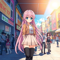 A beautiful anime girl standing in a vibrant city setting, with colorful buildings and bustling streets in the background