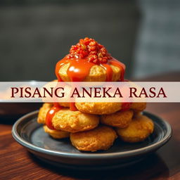 A realistic photograph of wide goreng pisang (fried banana) that showcases its unique shape, topped with a generous amount of sambel ulek (traditional crushed chili sauce) cascading down the sides