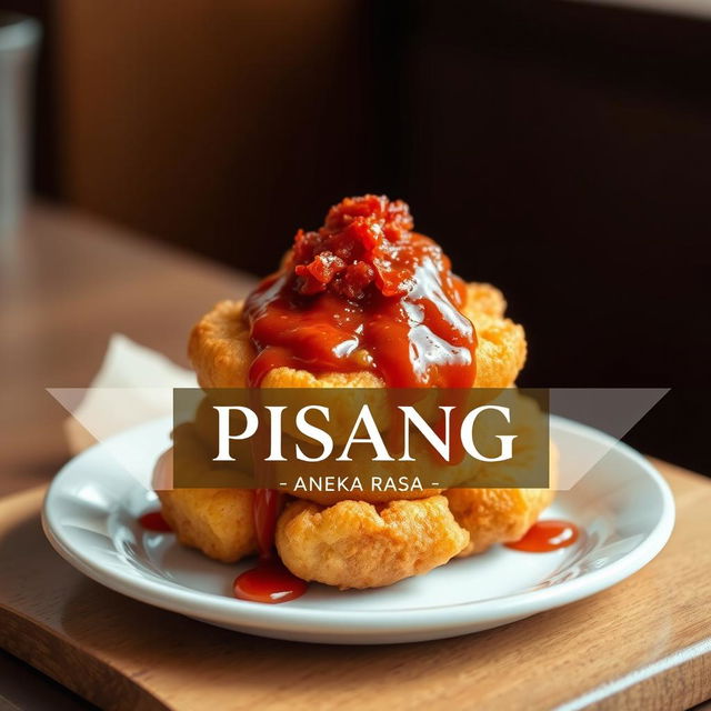 A realistic photograph of wide goreng pisang (fried banana) that showcases its unique shape, topped with a generous amount of sambel ulek (traditional crushed chili sauce) cascading down the sides