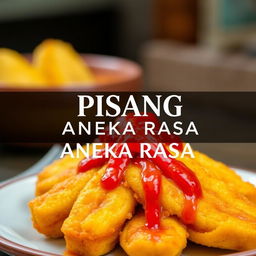 A realistic photograph of wide goreng pisang (fried banana) that showcases its unique shape, topped with a generous amount of sambel ulek (traditional crushed chili sauce) cascading down the sides