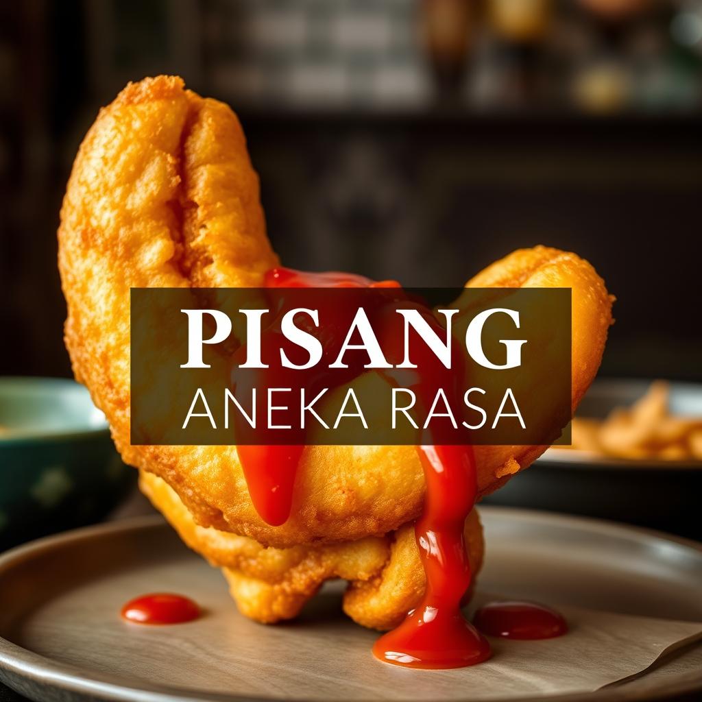 A realistic photograph of wide goreng pisang (fried banana) that showcases its unique shape, topped with a generous amount of sambel ulek (traditional crushed chili sauce) cascading down the sides