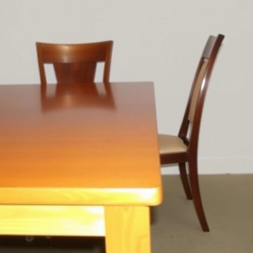 A simple, elegant dining setup featuring a classic wooden table and a stylish chair