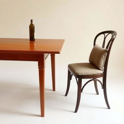 A simple, elegant dining setup featuring a classic wooden table and a stylish chair
