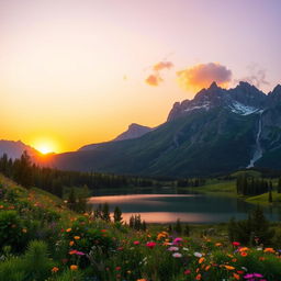 An exquisite landscape featuring a serene lake surrounded by majestic mountains
