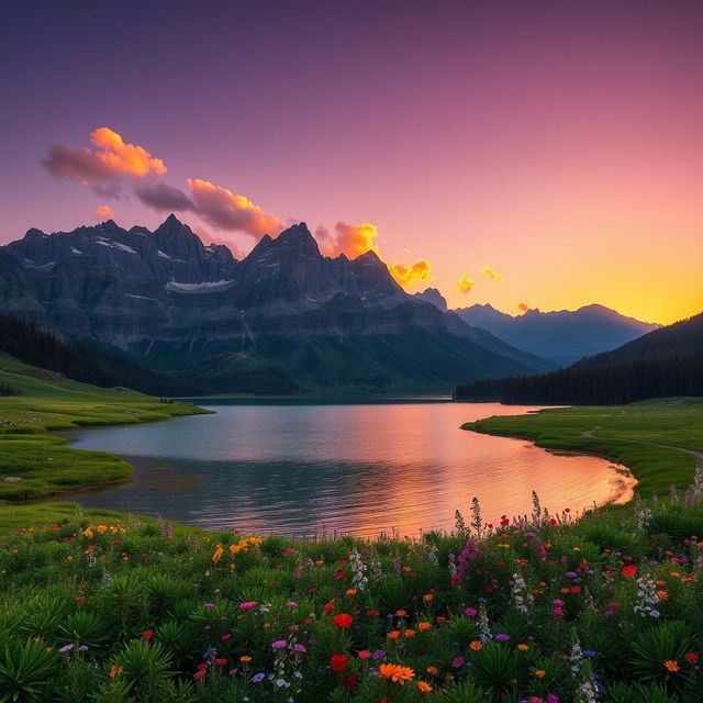 An exquisite landscape featuring a serene lake surrounded by majestic mountains