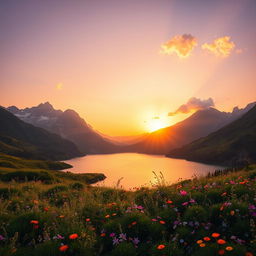 An exquisite landscape featuring a serene lake surrounded by majestic mountains