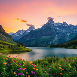 An exquisite landscape featuring a serene lake surrounded by majestic mountains