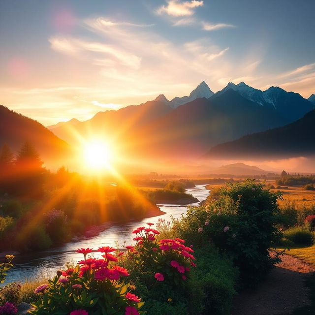 A serene and uplifting scene of a blessed life, featuring a radiant sunrise over a peaceful landscape