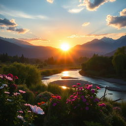 A serene and uplifting scene of a blessed life, featuring a radiant sunrise over a peaceful landscape