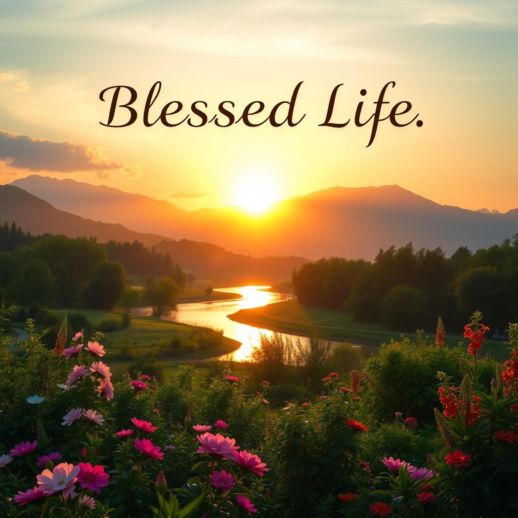 A serene and uplifting scene of a blessed life, featuring a radiant sunrise over a peaceful landscape