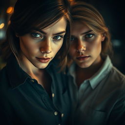 A dramatic and intimate scene capturing a moment between two individuals, standing close yet emotionally distant