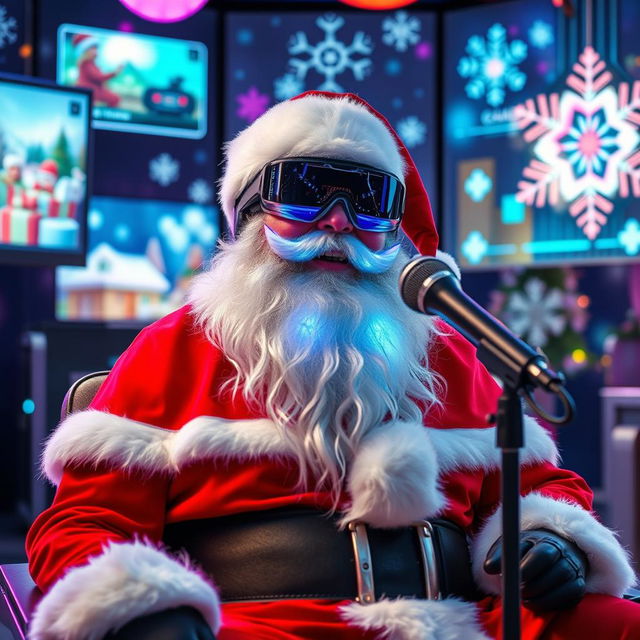 A futuristic Santa Claus, adorned in a sleek, high-tech red and silver suit, sitting in a modern, well-lit streaming studio