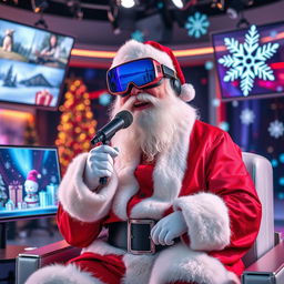 A futuristic Santa Claus, adorned in a sleek, high-tech red and silver suit, sitting in a modern, well-lit streaming studio