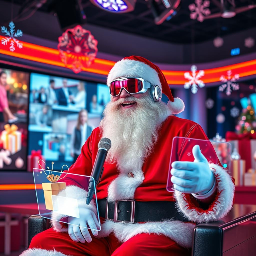 A futuristic Santa Claus, adorned in a sleek, high-tech red and silver suit, sitting in a modern, well-lit streaming studio