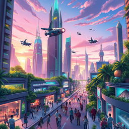 A vibrant and detailed illustration of a futuristic cityscape, bustling with activity