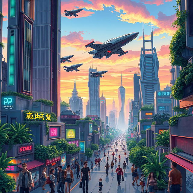 A vibrant and detailed illustration of a futuristic cityscape, bustling with activity