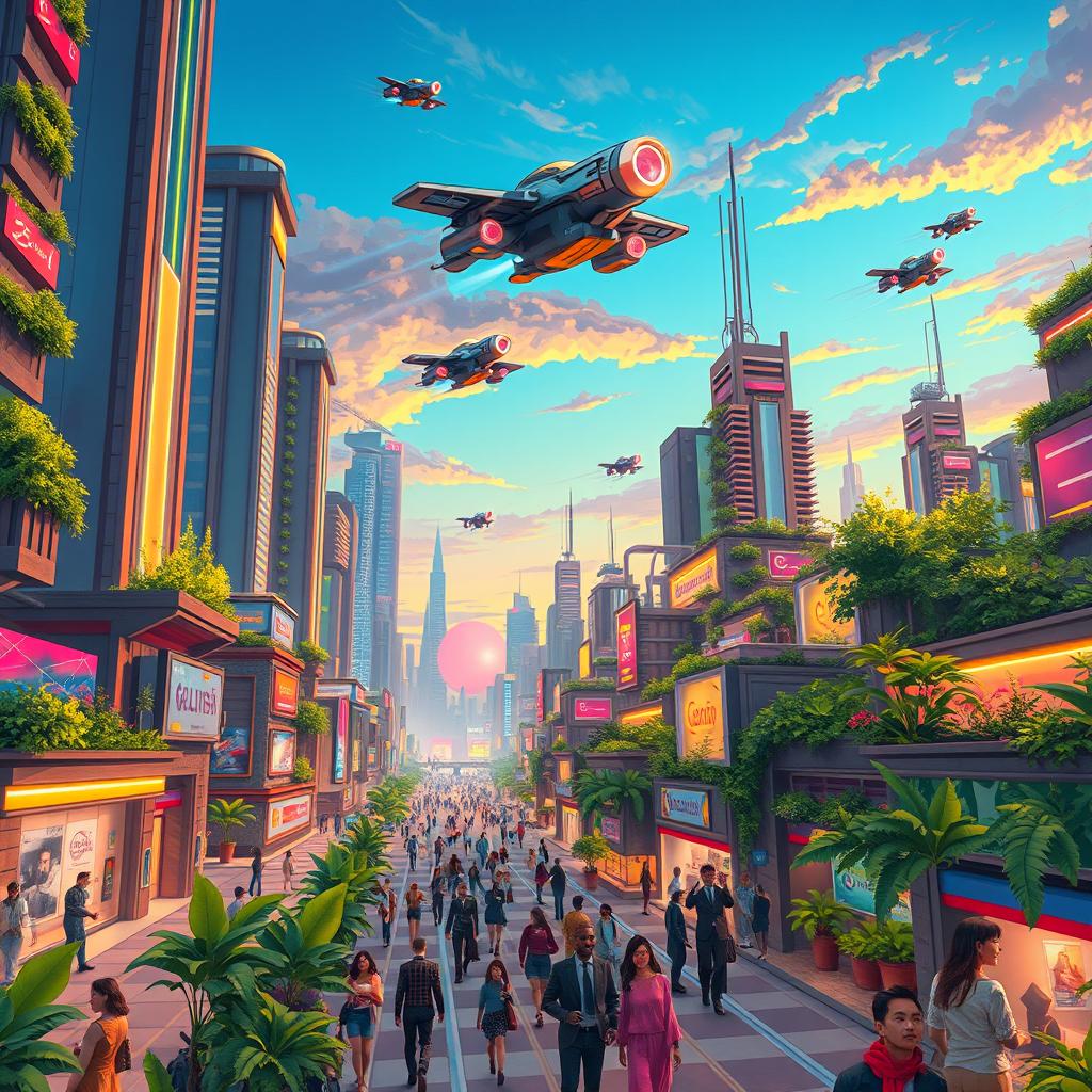 A vibrant and detailed illustration of a futuristic cityscape, bustling with activity