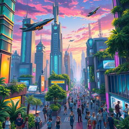 A vibrant and detailed illustration of a futuristic cityscape, bustling with activity