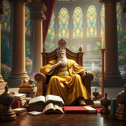 A majestic scene depicting King Solomon on his throne, surrounded by symbols of wisdom and wealth