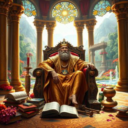 A majestic scene depicting King Solomon on his throne, surrounded by symbols of wisdom and wealth
