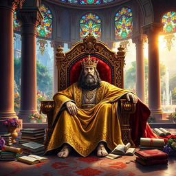 A majestic scene depicting King Solomon on his throne, surrounded by symbols of wisdom and wealth