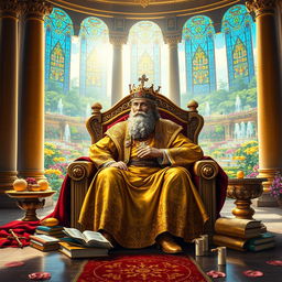 A majestic scene depicting King Solomon on his throne, surrounded by symbols of wisdom and wealth